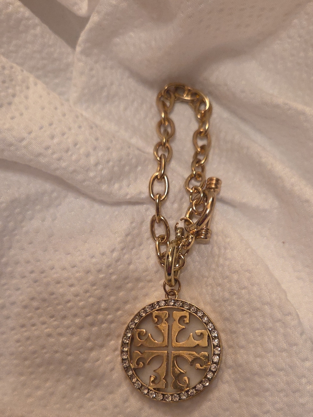 Gold-Tone Round Filigree Charm Bracelet with Crystal Halo